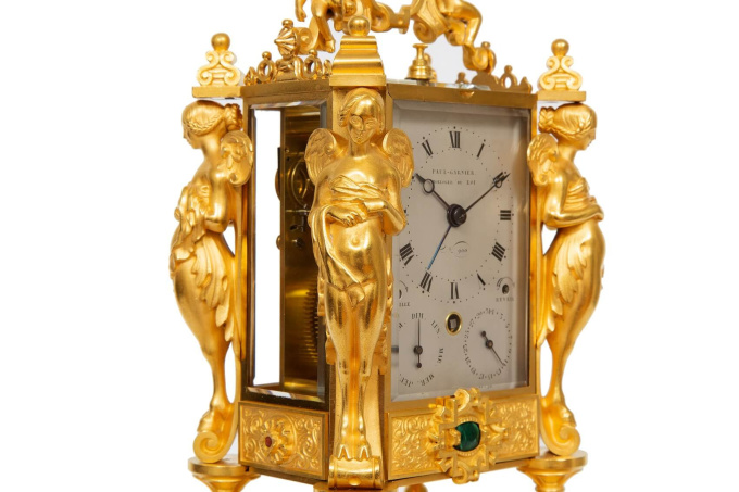 An important French malachite mounted exhibition travel clock by Paul Garnier, circa 1845 by Paul Garnier Paris