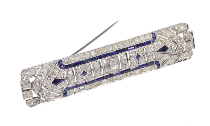 Vintage Art Deco platinum diamond and sapphire bar brooch by Unknown Artist
