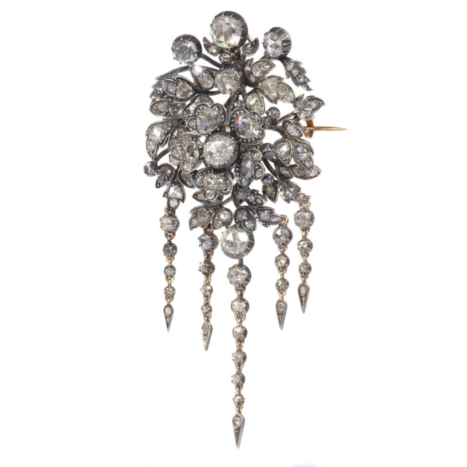 Impressive antique flower brooch trembleuse corsage fully embellished with high quality rose cut diamonds by Artista Sconosciuto