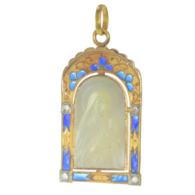 Vintage antique 18K gold mother-of-pearl medal Mother Mary with the miracle of the roses - set with diamonds and plique-a-jour enamel by Artista Desconhecido