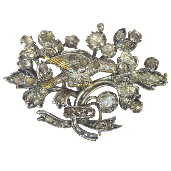 Victorian diamond brooch bird sitting on flower branch by Onbekende Kunstenaar