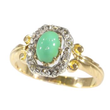 Antique Victorian 18K gold ring with rose cut diamonds and turquoise by Unknown Artist