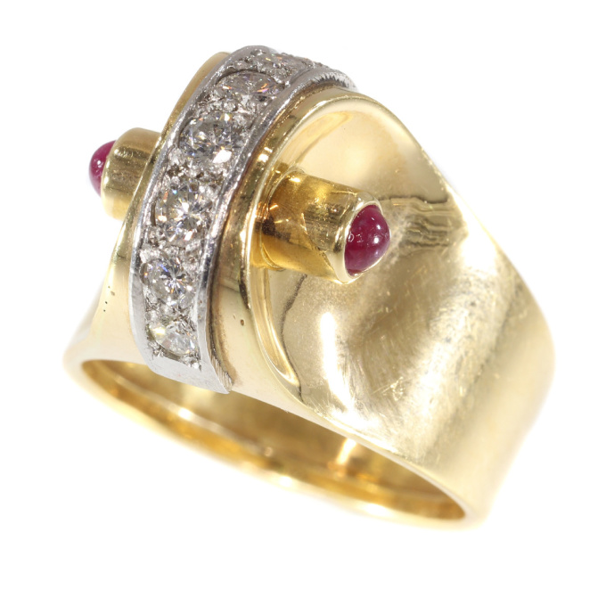 Extrovert and stylish red gold vintage Art Retro ring with diamonds and rubies by Unknown artist