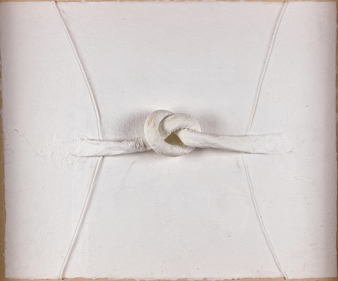 “Overhand Knot no. 2” 1986 – papier-mâché / cotton on paper, original frame by Shinkichi Tajiri
