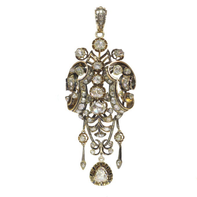 Impressive antique rose cut diamond brooch pendant with black enamel by Artista Sconosciuto