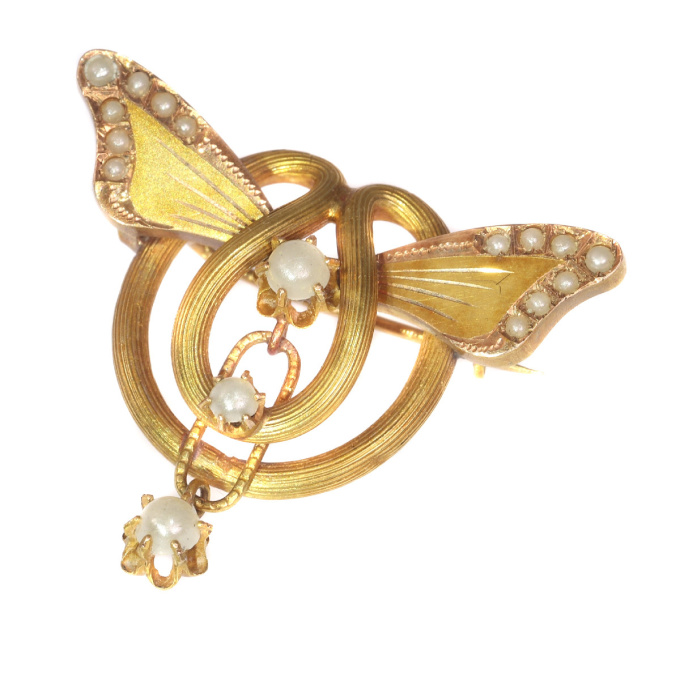 Antique gold brooch with butterfly wings set with half seed pearls by Artiste Inconnu