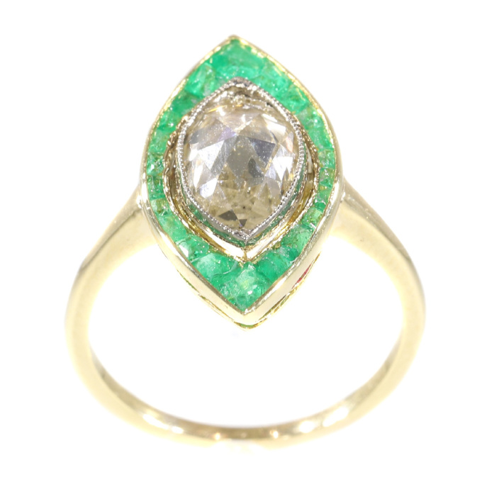 Art Deco Vintage engagement ring large marquise rose cut diamond and emeralds by Artiste Inconnu