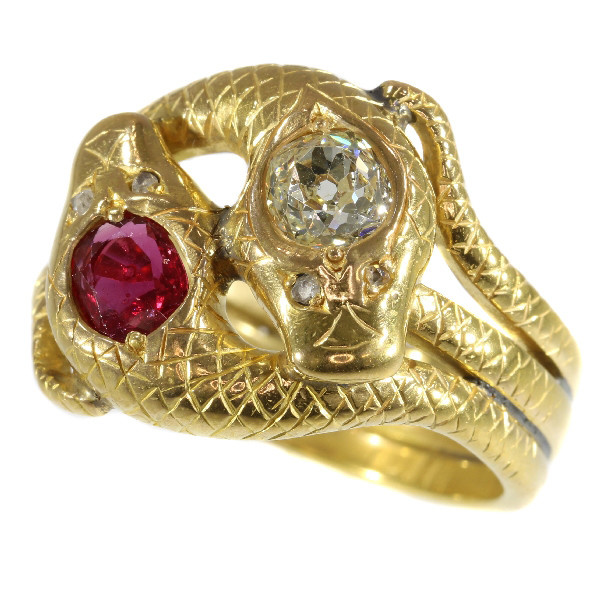 Late Victorian gold double serpent snake ring set with big diamond and ruby by Unbekannter Künstler