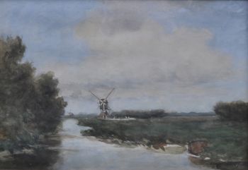 Windmill along a polder canal by Hendrik Johannes (Jan Hendrik) Weissenbruch