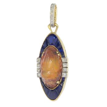 Vintage antique Art Deco neo-Egptian scarab pendant with diamonds sapphires and a Carrera fire opal by Artista Sconosciuto
