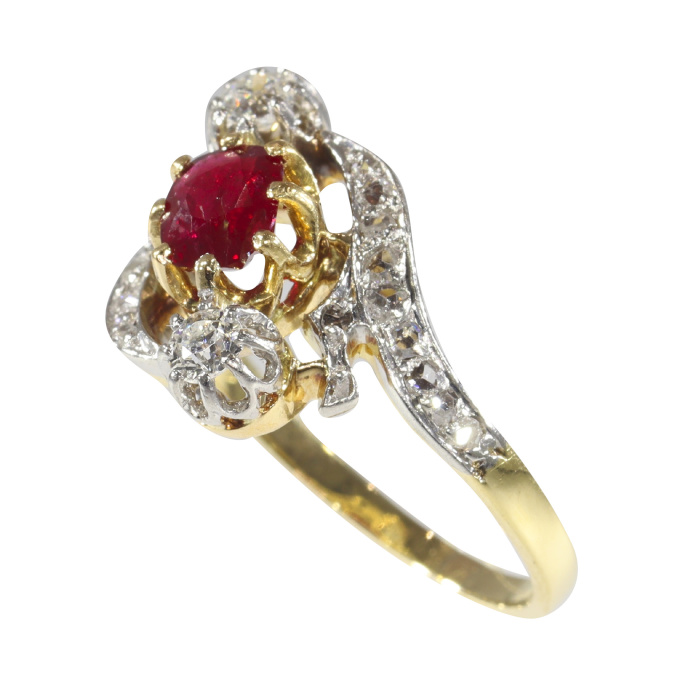 Vintage French Belle Epoque diamond and natural ruby cross-over engagement ring by Artista Desconhecido