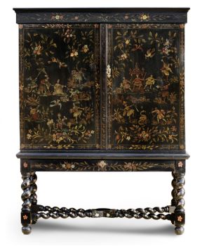 A Dutch Chinoiserie pinewood polychrome lacquered cabinet on stand by Unknown artist