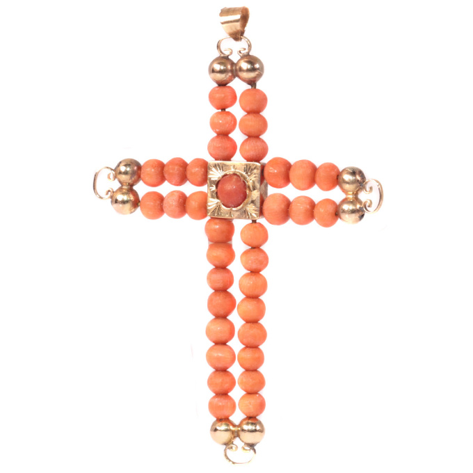 Antique Victorian 18K pink gold cross with blood coral beads by Unknown artist