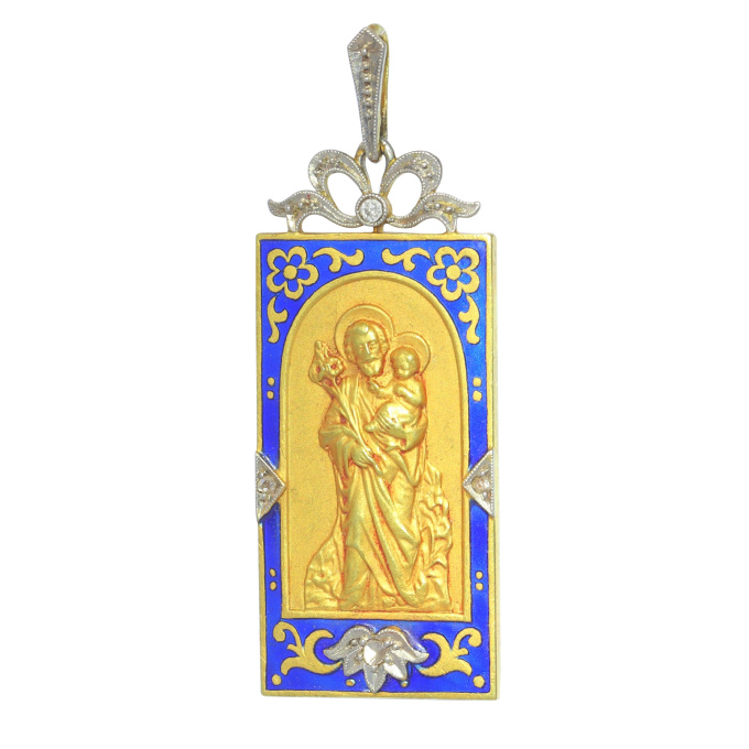 Vintage antique 18K gold pendant enameled and set with diamonds Saint Joseph holding baby Jesus by Unknown artist