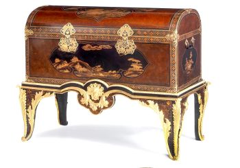 An impressive and large Japanese transition-style lacquer coffer with fine gilt copper mounts, on French Régence base part possibly by André-Charles Boulle (1642-1732) by Artiste Inconnu
