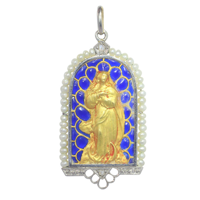 Vintage antique 18K gold pendant Mother Mary medal with diamonds and plique-a-jour enamel by Unknown artist