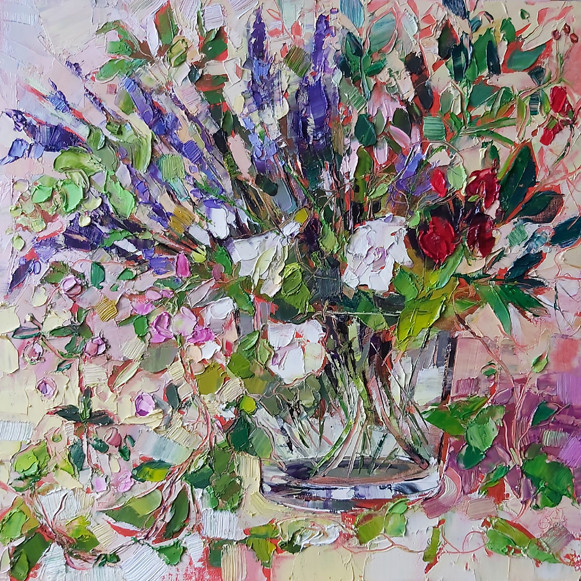 July flowers composition - olieverf op paneel - 40x40cm by Justyna Gaja