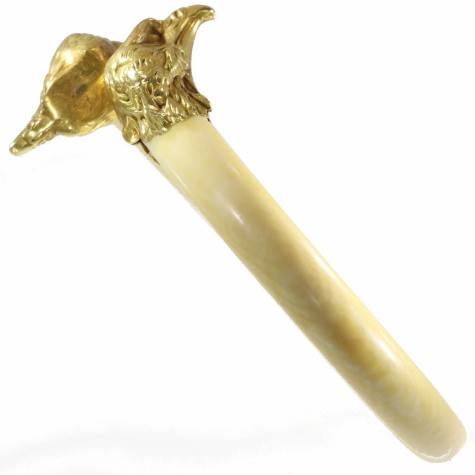 French Late Victorian antique ivory bangle with big gold eagle head ornaments by Unknown artist