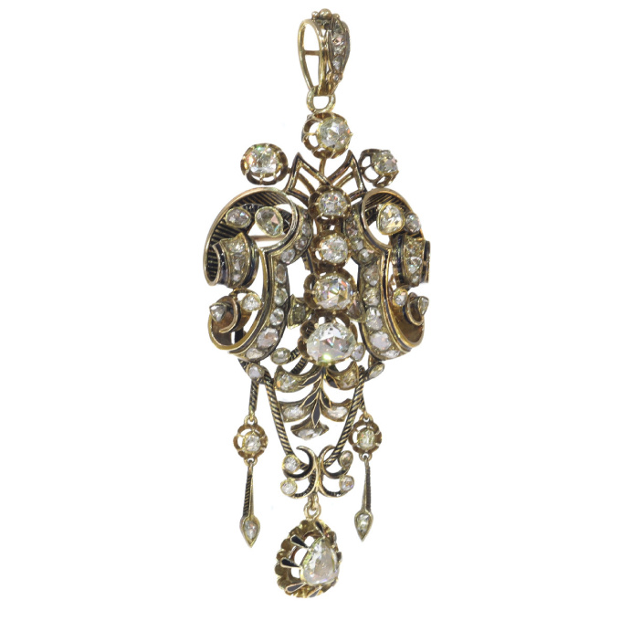 Impressive antique rose cut diamond brooch pendant with black enamel by Artista Desconocido