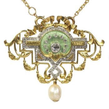 Vintage Belle Epoque brooch and pendant on chain enameled set with 109 diamonds by Unknown Artist
