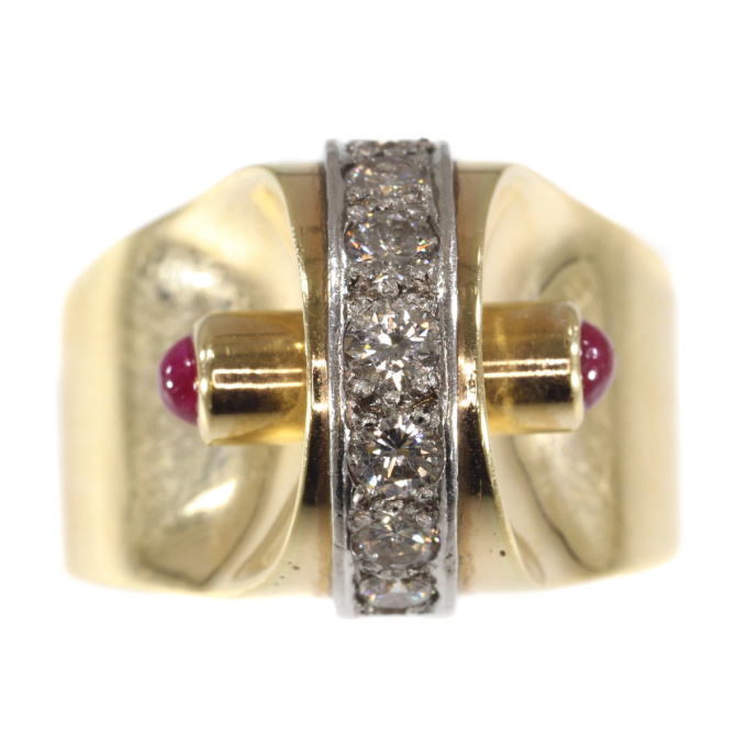 Extrovert and stylish red gold vintage Art Retro ring with diamonds and rubies by Onbekende Kunstenaar