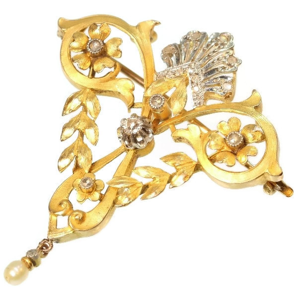 Late Victorian Belle Epoque gold diamond pendant brooch by Onbekende Kunstenaar