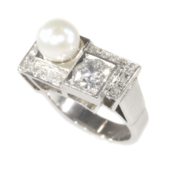 Vintage platinum diamond and pearl Art Deco ring by Artiste Inconnu