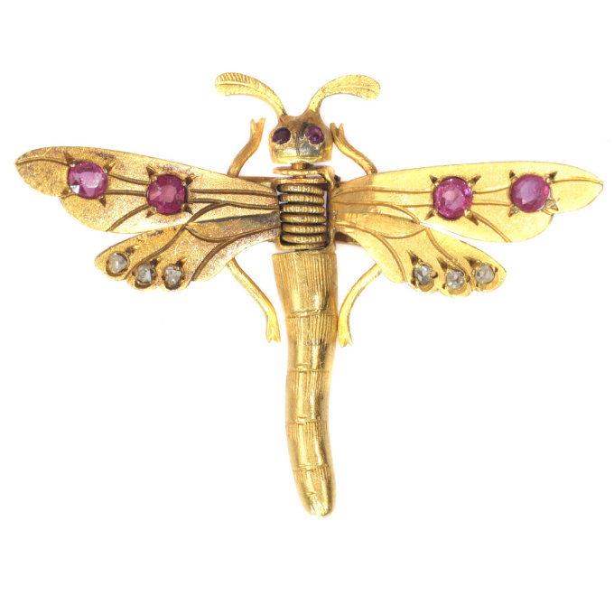 Antique Victorian hair clip brooch 18K gold dragonfly rose cut diamonds rubies by Onbekende Kunstenaar