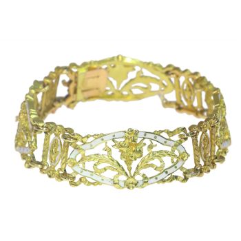 Vintage antique 18K gold bracelet with white enamel (attributed to the legendary French designer Lucien Gautrait) by Leopold Gautrait