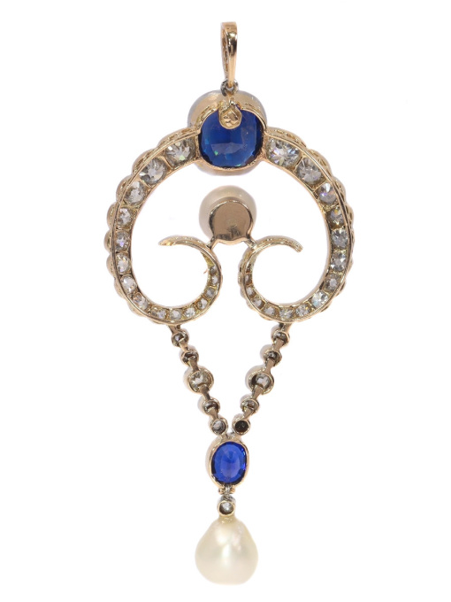 Belle Epoque diamond pendant with large natural pearls and cornflower blue color natural sapphires (certified) by Unknown artist
