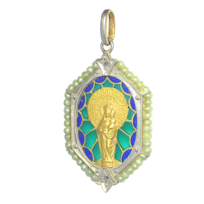Vintage antique 18K gold Mother Maria and baby Jesus medal with diamonds and plique-a-jour enamel by Artista Desconhecido