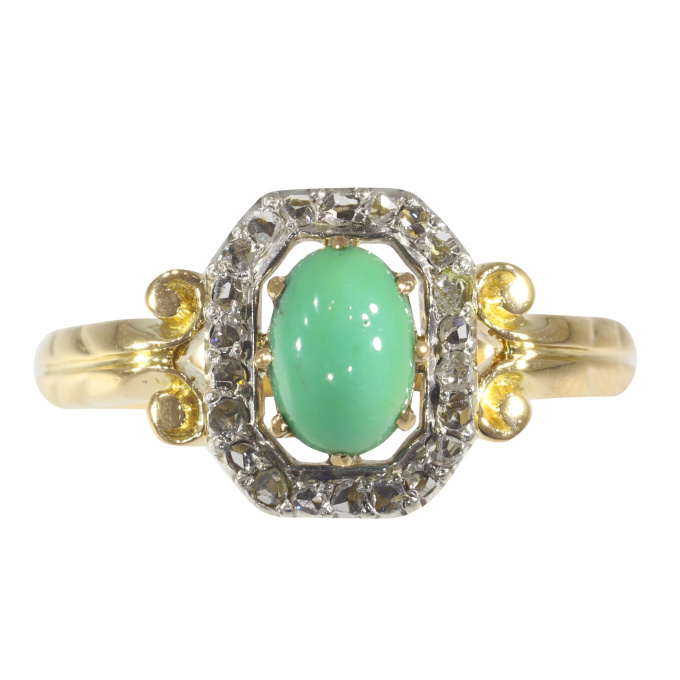 Antique Victorian 18K gold ring with rose cut diamonds and turquoise by Artista Sconosciuto