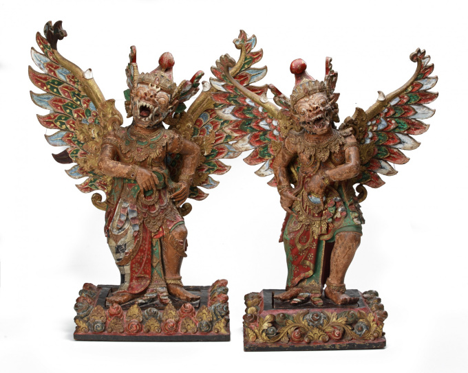 Two polychrome wooden statues, North Bali, Singaraja, Buleleng Regence, late 19th century by Onbekende Kunstenaar