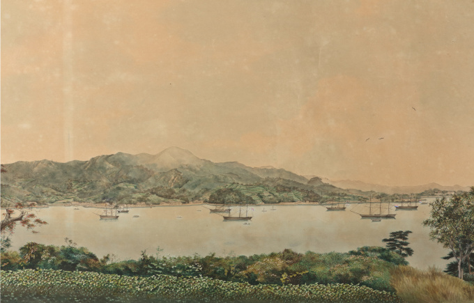Large panoramic painting of the bay of Nagasaki by Artista Desconocido