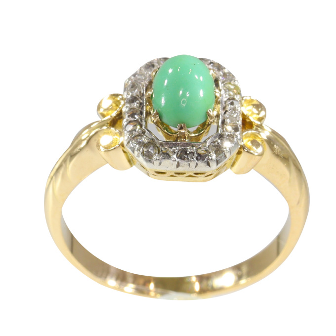 Antique Victorian 18K gold ring with rose cut diamonds and turquoise by Artiste Inconnu