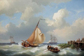 Sailing vessels off the coast in stormy weather by Cornelis Christiaan Dommelshuizen