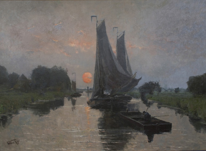 Ships sailing at sunset by Willem Cornelis Rip