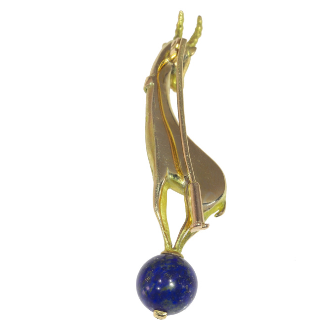 Vintage Seventies 18K gold chamois brooch on lapis lazuli sphere by Artiste Inconnu