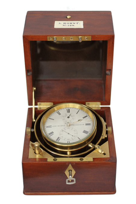 A rare Dutch mahogany two-day chronometer by Andreas Hohwü Amsterdam, circa 1865. by Andreas Hohwü