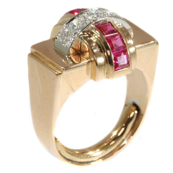 Stylish Retro red gold Cocktail ring with diamonds and rubies by Artista Sconosciuto