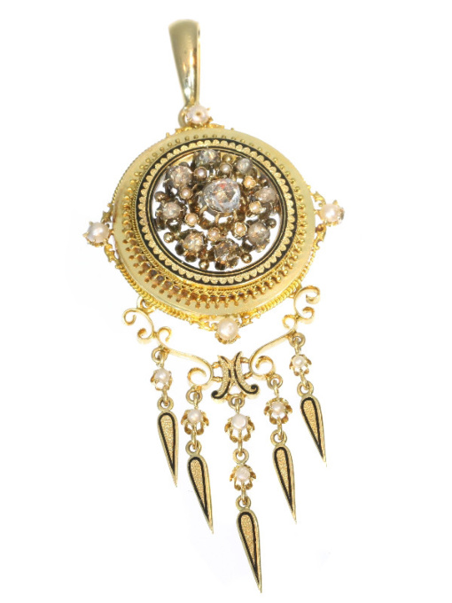 Antique rose cut diamonds and pearl enameled pendant both brooch and pendant by Onbekende Kunstenaar