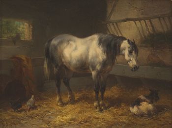 A resting horse in a stable by Wouterus Verschuur
