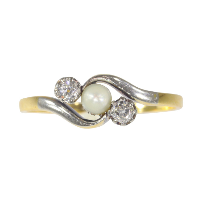 Vintage 18K gold diamond and pearl inline cross over ring by Unknown artist