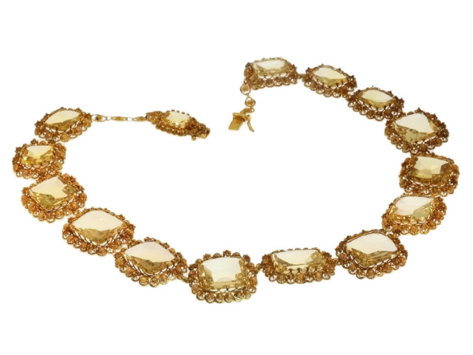 Antique necklace gold cannetille filigree work with 15 big citrine stones by Unknown artist
