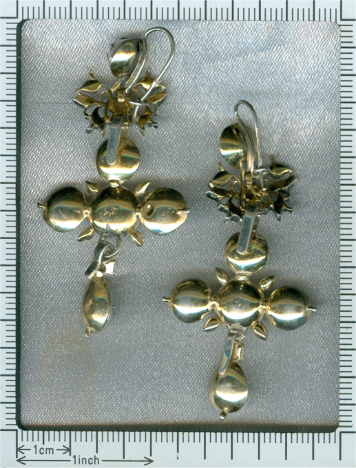 Rare Flemish cross earrings gold backed silver pendants with rose cut diamonds by Artiste Inconnu