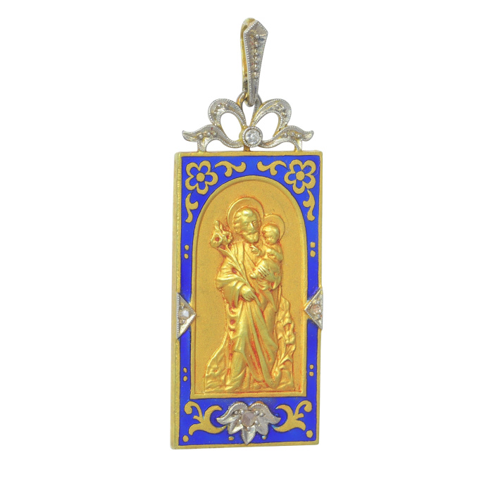 Vintage antique 18K gold pendant enameled and set with diamonds Saint Joseph holding baby Jesus by Artista Desconocido