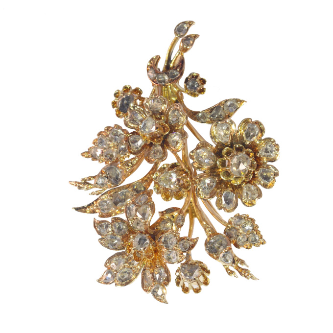 Vintage antique Victorian 18K gold diamond loaded flower branch brooch by Artista Desconhecido