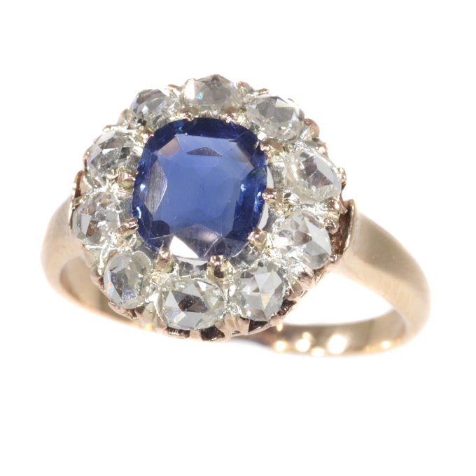 Victorian antique engagement ring with natural sapphire and ten rose cut diamonds by Artiste Inconnu