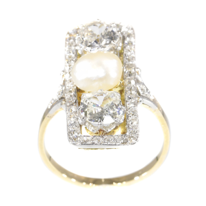 Large impressive Belle Epoque Art Deco diamond and pearl engagement ring by Artiste Inconnu