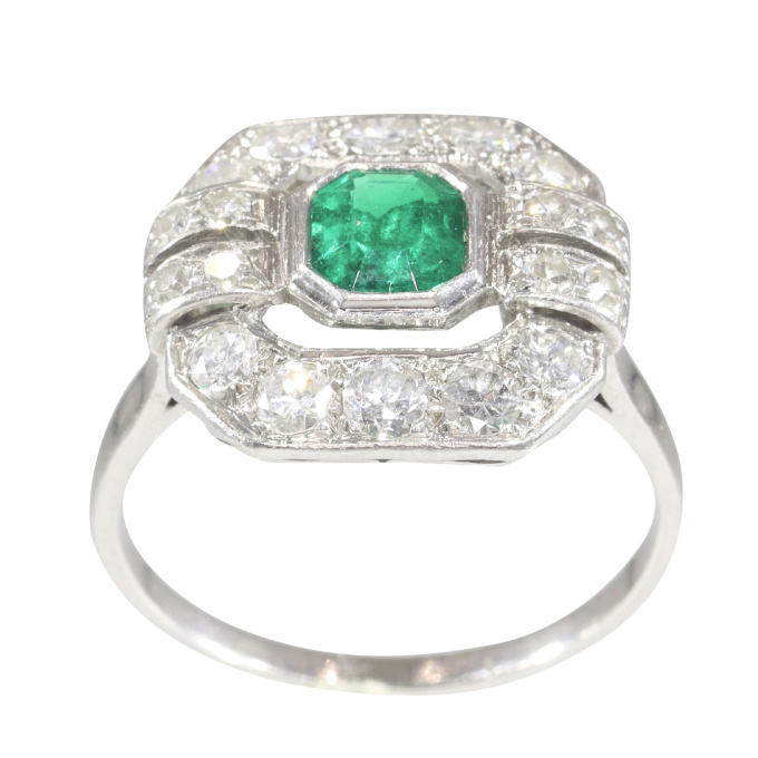 French estate engagement ring platinum diamonds and Brasilian emerald by Artiste Inconnu